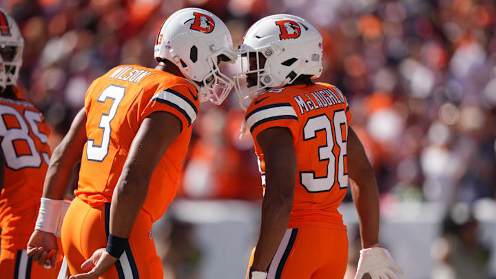 Oct 8, 2023; Denver, Colorado, USA; Denver Broncos running back Jaleel McLaughlin (38) celebrates