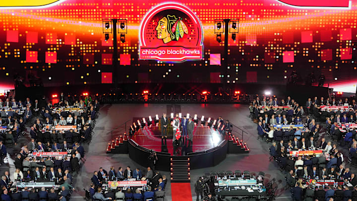Jun 28, 2024; Las Vegas, Nevada, USA; Artyom Levshunov is selected with the 2nd overall pick of the 2024 NHL Draft by the Chicago Blackhawks at The Sphere. Mandatory Credit: Joe Camporeale-Imagn Images