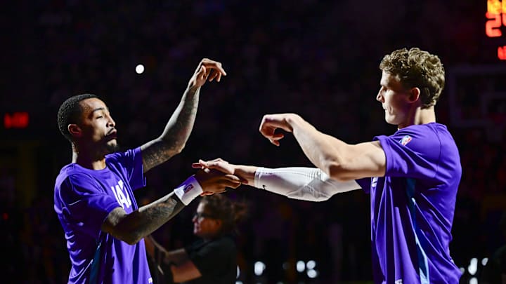 Dec 1, 2024; Salt Lake City, Utah, USA; Utah Jazz forward/center Lauri Markkanen (23) and forward/center John Collins (20) before the game against the Los Angeles Lakers at the Delta Center. Mandatory Credit: Christopher Creveling-Imagn Images