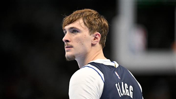 Nov 21, 2025; Dallas, Texas, USA; Dallas Mavericks forward Cooper Flagg (32) looks on during the second half against the New Orleans Pelicans at the American Airlines Center. Mandatory Credit: Jerome Miron-Imagn Images