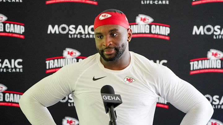 Jul 26, 2024; Kansas City, MO, USA; Kansas City Chiefs defensive end Felix Anudike-Uzomah (97) speaks to the media after training camp at Missouri Western State University. Mandatory Credit: Denny Medley-Imagn Images