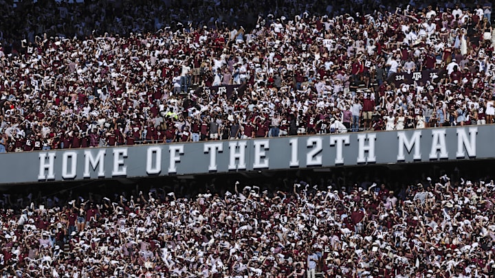Sep 27, 2025; College Station, Texas, USA; Fans cheer before the start of the game between the Texas A&M Aggies and the Auburn Tigers at Kyle Field. Mandatory Credit: Troy Taormina-Imagn Images