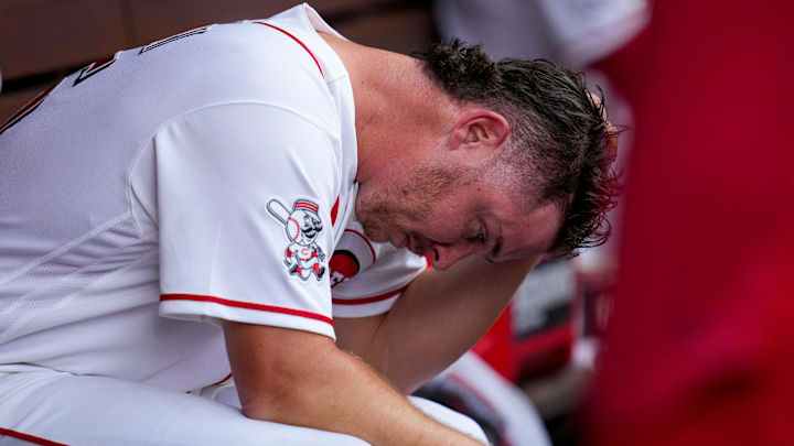 Cincinnati Reds pitcher Emilio Pagán (15) returns to the dugout after the top of the ninth inning of the MLB National League game between the Cincinnati Reds and the Pittsburgh Pirates at Great American Ball Park in downtown Cincinnati on Wednesday, April 1, 2026. The Reds lost 8-3.