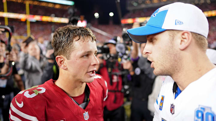 Jan 28, 2024; Santa Clara, California, USA; San Francisco 49ers quarterback Brock Purdy (13) talks with Detroit Lions quarterback Jared Goff (16) after the NFC Championship football game at Levi's Stadium. Mandatory Credit: Kyle Terada-Imagn Images