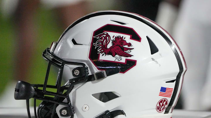 Sep 20, 2025; Columbia, Missouri, USA; A general view of a South Carolina Gamecocks helmet against the Missouri Tigers during the second half of the game at Faurot Field at Memorial Stadium. Mandatory Credit: Denny Medley-Imagn Images