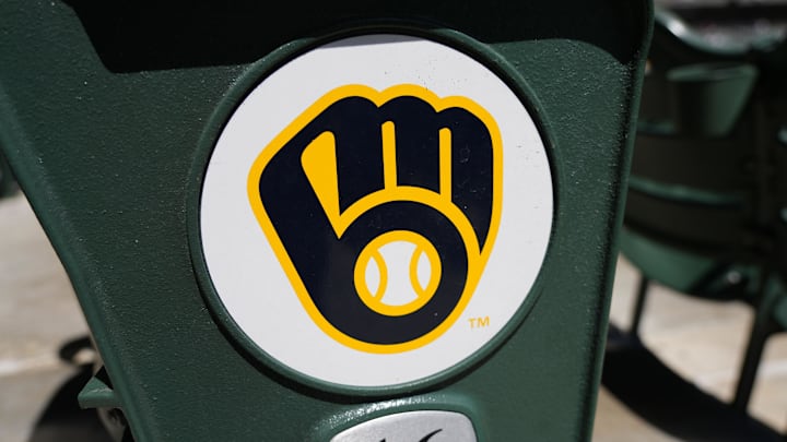 May 26, 2025; Milwaukee, Wisconsin, USA;  General view of a Milwaukee Brewers logo during warmups prior the game against the Boston Red Sox at American Family Field. Mandatory Credit: Jeff Hanisch-Imagn Images