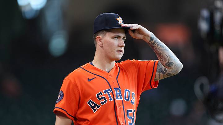 Jul 31, 2026; Houston, Texas, USA; Houston Astros starting pitcher Hunter Brown (58) walks onto the field before the game against the Texas Rangers at Daikin Park. Mandatory Credit: Troy Taormina-Imagn Images