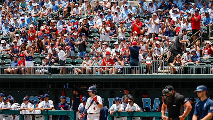 Jun 7, 2025; Chapel Hill, NC, USA; Arizona fans celebrate during the third inning of the Super Regionals game against North Carolina in Chapel Hill, North Carolina. Mandatory Credit: Jaylynn Nash-Imagn Images