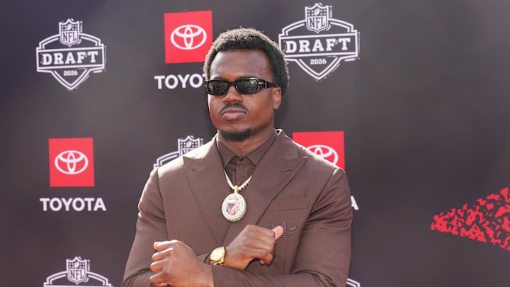 Apr 23, 2026; Pittsburgh, PA, USA; Miami Hurricanes defensive end Rueben Bain Jr. poses on the red carpet before the 2026 NFL Draft at Point State Park. Mandatory Credit: Kirby Lee-Imagn Images