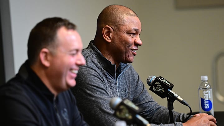 Jan 27, 2024; Milwaukee, WI, USA;  Doc Rivers speaks at a press conference with general manager Jon Horst as Rivers is introduced as the new head coach of the Milwaukee Bucks at the Fiserv Forum. Mandatory Credit: Benny Sieu-Imagn Images