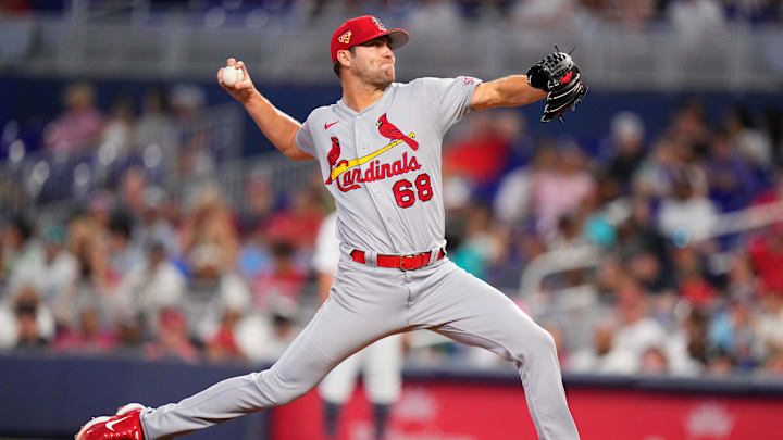 Jul 4, 2023; Miami, Florida, USA; St. Louis Cardinals relief pitcher James Naile (68) throws a pitch against the Miami Marlins during the seventh inning at loanDepot Park.