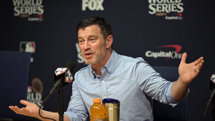 Oct 25, 2024; Los Angeles, California, USA; Los Angeles Dodgers president of baseball operations Andrew Friedman speaks in a press conference before game one against the New York Yankees in the 2024 MLB World Series at Dodger Stadium. Mandatory Credit: Jayne Kamin-Oncea-Imagn Images Oct 25, 2024; Los Angeles, California, USA; Los Angeles Dodgers president of baseball operations Andrew Friedman speaks in a press conference before game one against the New York Yankees in the 2024 MLB World Series at Dodger Stadium. Mandatory Credit: Jayne Kamin-Oncea-Imagn Images