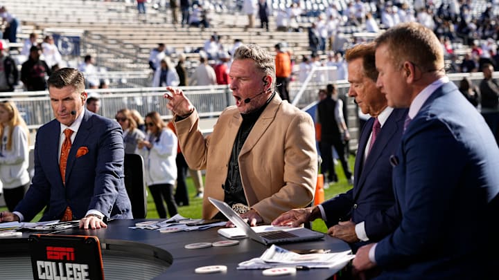 Pat McAfee mimics the lion roar sound effect through the PA system on the ESPN College Gameday set prior to the NCAA football game between the Penn State Nittany Lions and the Ohio State Buckeyes at Beaver Stadium in University Park, Pa. on Saturday, Nov. 2, 2024.