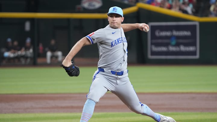 Jul 4, 2025; Phoenix, Arizona, USA; Kansas City Royals pitcher Kris Bubic (50) pitches during the first inning at Chase Field. Mandatory Credit: Joe Camporeale-Imagn Images