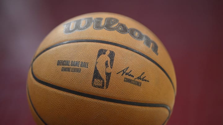Mar 25, 2024; Cleveland, Ohio, USA; A general view of an official NBA game basketball in the second quarter of a game between the Cleveland Cavaliers and the Charlotte Hornets at Rocket Mortgage FieldHouse.