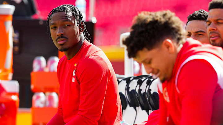 Oct 22, 2023; Kansas City, Missouri, USA; Kansas City Chiefs wide receiver Mecole Hardman Jr. (12) and quarterback Patrick Mahomes (15) prior to a game against the Los Angeles Chargers at GEHA Field at Arrowhead Stadium. Mandatory Credit: Jay Biggerstaff-USA TODAY Sports