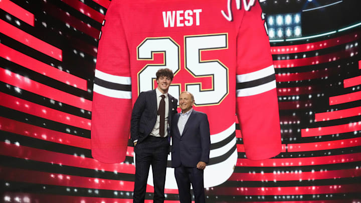 Jun 27, 2025; Los Angeles, California, USA; Mason West is selected as the 29th overall pick to the Chicago Blackhawks in the first round of the 2025 NHL Draft at Peacock Theater. Mandatory Credit: Kirby Lee-Imagn Images