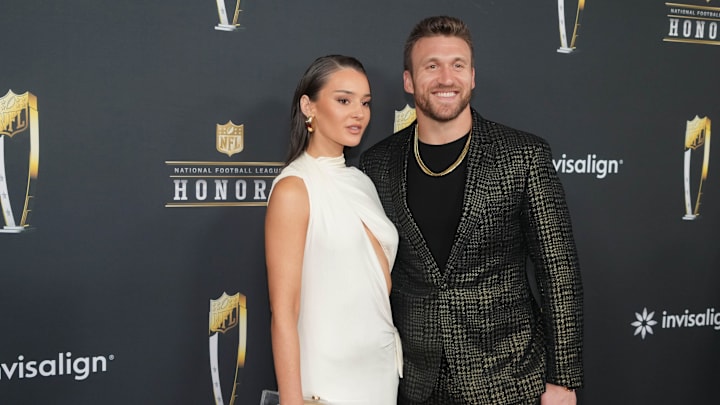 Feb 6, 2025; New Orleans, LA, USA;  Kyle Juszczyk and his wife Kristin Juszczyk on the red carpet before Super Bowl LIX NFL Honors at Saenger Theatre. Mandatory Credit: Kirby Lee-Imagn Images