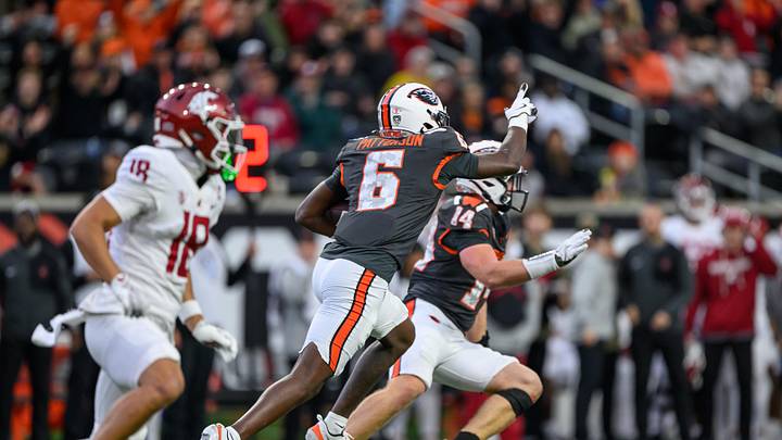 Nov 1, 2025; Corvallis, Oregon, USA; Oregon State Beavers defensive back Jaheim Patterson (6) with his second interception of the game against the Washington State Cougars during the second quarter at Reser Stadium. Mandatory Credit: Craig Strobeck-Imagn Images