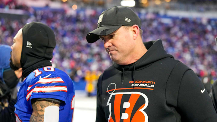 Cincinnati Bengals head coach Zac Taylor heads for the locker room after the fourth quarter of the NFL Week 14 game between the Buffalo Bills and the Cincinnati Bengals at Highmark Stadium in Orchard Park, N.Y., on Sunday, Dec. 7, 2025. The Bills overcame a halftime deficit to win 39-34. Cincinnati Bengals head coach Zac Taylor heads for the locker room after the fourth quarter of the NFL Week 14 game between the Buffalo Bills and the Cincinnati Bengals at Highmark Stadium in Orchard Park, N.Y., on Sunday, Dec. 7, 2025. The Bills overcame a halftime deficit to win 39-34.