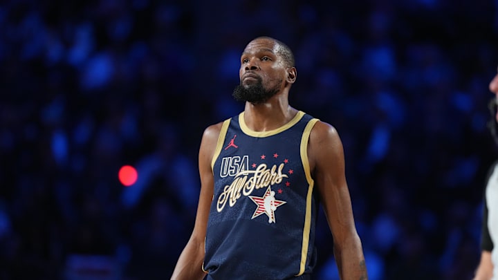 Feb 15, 2026; Inglewood, California, USA; Team USA Stripes forward Kevin Durant () 7of the Houston Rockets looks on during game three against Team World during the 75th NBA All Star Game at Intuit Dome. Mandatory Credit: Kirby Lee-Imagn Images