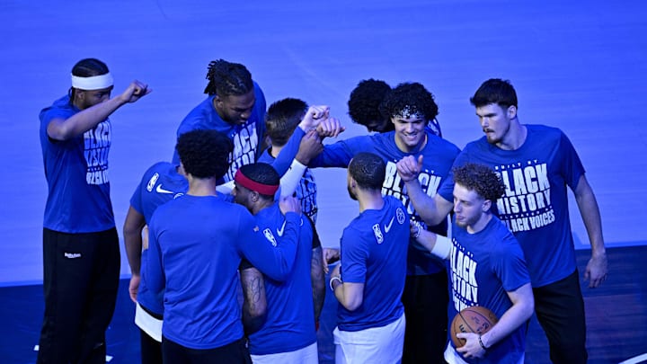 Feb 12, 2025; Dallas, Texas, USA; The Golden State Warriors huddle before the game between the Dallas Mavericks and the Golden State Warriors at the American Airlines Center. Mandatory Credit: Jerome Miron-Imagn Images
