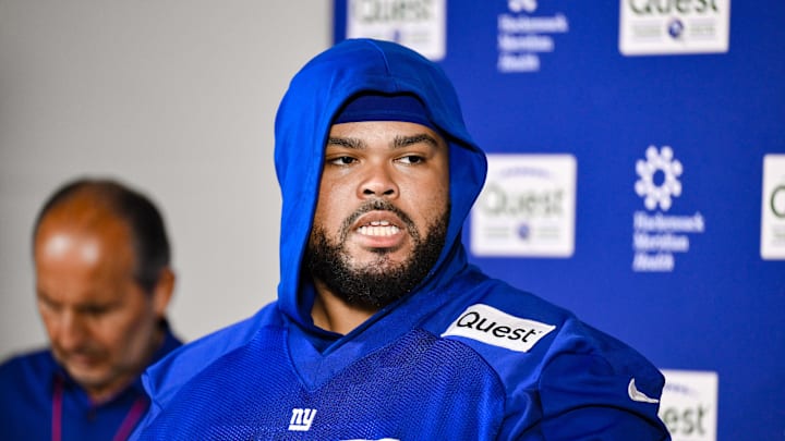 Jun 18, 2025; East Rutherford, NJ, USA; New York Giants guard Jermaine Eluemunor (72) speaks at a press conference during minicamp at Quest Diagnostics Training Center. Mandatory Credit: John Jones-Imagn Images