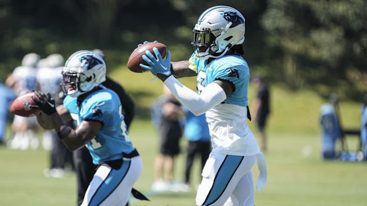 Jul 31, 2023; Spartanburg, SC, USA; Carolina Panthers cornerback Jaycee Horn (8) and cornerback