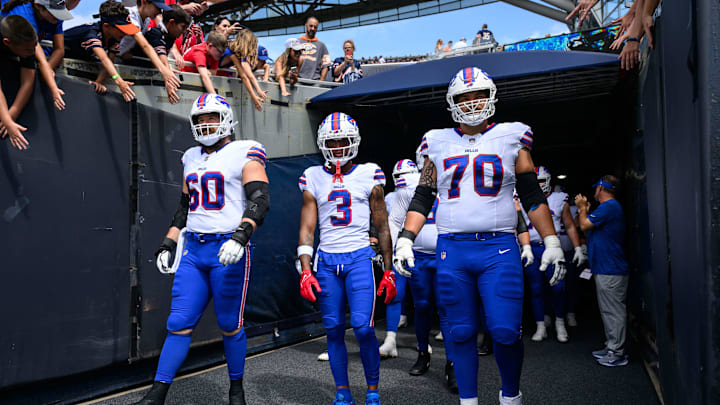 Aug 26, 2023; Chicago, Illinois, USA; Buffalo Bills center Mitch Morse (60), safety Damar Hamlin (3), and offensive tackle Alec Anderson (70) lead the Bills out of the tunnel before a game against the Chicago Bears at Soldier Field. Mandatory Credit: Daniel Bartel-Imagn Images Aug 26, 2023; Chicago, Illinois, USA; Buffalo Bills center Mitch Morse (60), safety Damar Hamlin (3), and offensive tackle Alec Anderson (70) lead the Bills out of the tunnel before a game against the Chicago Bears at Soldier Field. Mandatory Credit: Daniel Bartel-Imagn Images