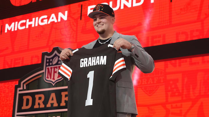 Apr 24, 2025; Green Bay, WI, USA; Michigan Wolverines defensive lineman Mason Graham is selected by the Cleveland Browns as the number five pick in the first round of the 2025 NFL Draft at Lambeau Field. Mandatory Credit: Kirby Lee-Imagn Images