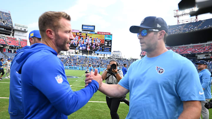 Sep 14, 2025; Nashville, Tennessee, USA; Los Angeles Rams head coach Sean McVay and Tennessee Titans head coach Brian Callahan shake hands after the game at Nissan Stadium. Mandatory Credit: Steve Roberts-Imagn Images Sep 14, 2025; Nashville, Tennessee, USA; Los Angeles Rams head coach Sean McVay and Tennessee Titans head coach Brian Callahan shake hands after the game at Nissan Stadium. Mandatory Credit: Steve Roberts-Imagn Images