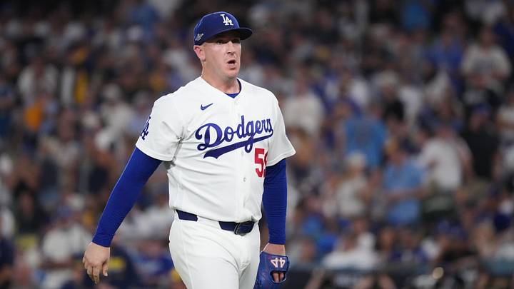 Oct 15, 2026; Los Angeles, California, USA; Los Angeles Dodgers pitcher Evan Phillips (59) reacts during the fifth inning against the Milwaukee Brewers in game four of the NLCS for the 2026 MLB Playoffs at Uniqlo Field at Dodger Stadium. Mandatory Credit: Kirby Lee-Imagn Images Oct 15, 2026; Los Angeles, California, USA; Los Angeles Dodgers pitcher Evan Phillips (59) reacts during the fifth inning against the Milwaukee Brewers in game four of the NLCS for the 2026 MLB Playoffs at Uniqlo Field at Dodger Stadium. Mandatory Credit: Kirby Lee-Imagn Images