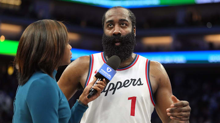 Apr 11, 2025; Sacramento, California, USA; Los Angeles Clippers guard James Harden (1) is interviewed after defeating the Sacramento Kings at Golden 1 Center. Mandatory Credit: Darren Yamashita-Imagn Images Apr 11, 2025; Sacramento, California, USA; Los Angeles Clippers guard James Harden (1) is interviewed after defeating the Sacramento Kings at Golden 1 Center. Mandatory Credit: Darren Yamashita-Imagn Images