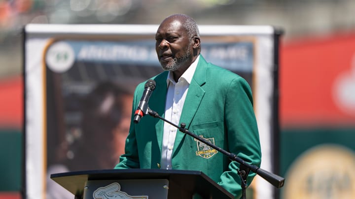 Retired baseball pitcher Dave Stewart speaks to fans during the ceremony of the Oakland Athletics Hall of Fame for the Class of 2023. The ceremony was held before the start of the game between the Oakland Athletics and the San Francisco Giants at Oakland-Alameda County Coliseum in 2023.