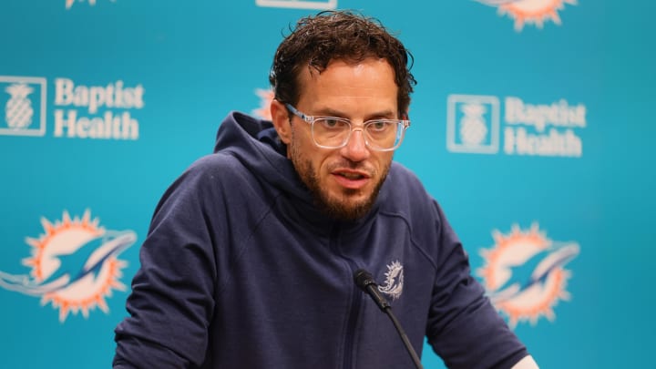 Aug 15, 2024; Miami Gardens, FL, USA; Miami Dolphins head coach Mike McDaniel talks to reporters before joint practice with the Washington Commanders at Baptist Health Training Complex.