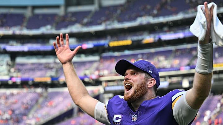 Sep 15, 2024; Minneapolis, Minnesota, USA; Minnesota Vikings quarterback Sam Darnold (14) reacts after the game against the San Francisco 49ers at U.S. Bank Stadium. Mandatory Credit: Jeffrey Becker-Imagn Images