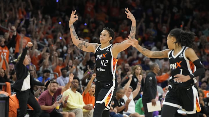 May 21, 2023; Phoenix, Arizona, USA; Phoenix Mercury center Brittney Griner (42) reacts after