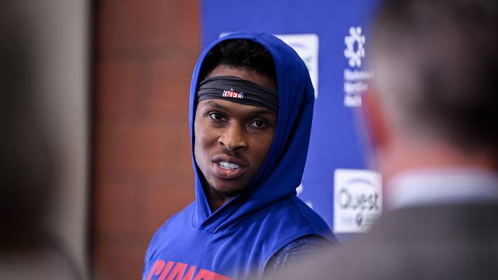 May 21, 2026; East Rutherford, NJ, USA; New York Giants wide receiver Darnell Mooney (17) speaks at a press conference during organized team activities at Quest Diagnostics Training Center. May 21, 2026; East Rutherford, NJ, USA; New York Giants wide receiver Darnell Mooney (17) speaks at a press conference during organized team activities at Quest Diagnostics Training Center.