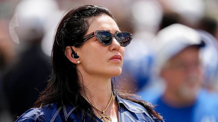 Carlie Irsay-Gordon walks the sideline Saturday, Aug. 23, 2025, ahead of a game against the Cincinnati Bengals at Paycor Stadium in Cincinnati.