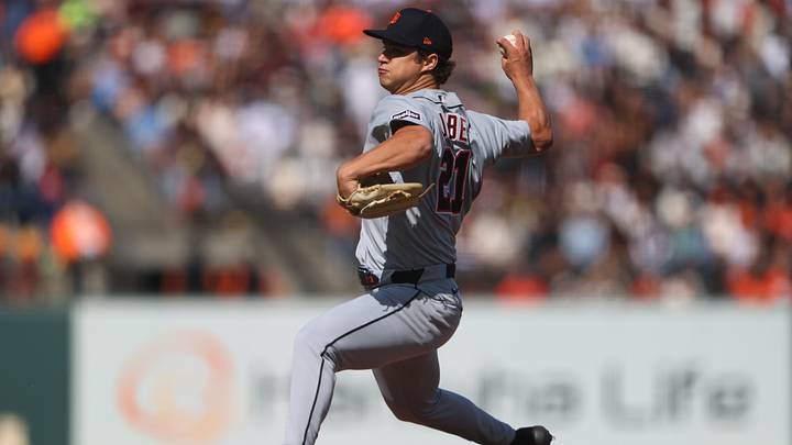 Aug 8, 2026; San Francisco, California, USA; Detroit Tigers pitcher Jackson Jobe (21) pitches during the first inning against the San Francisco Giants at Oracle Park. Mandatory Credit: Scott Marshall-Imagn Images