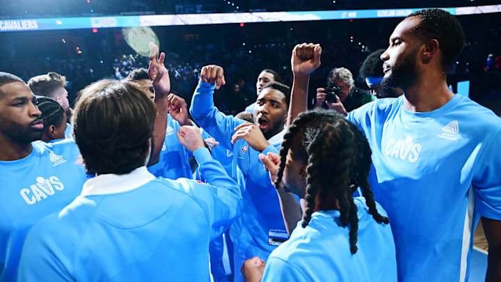 Mar 5, 2025; Cleveland, Ohio, USA; Cleveland Cavaliers players huddle before the game between the Cavaliers and the Miami Heat during the first half at Rocket Arena. Mandatory Credit: Ken Blaze-Imagn Images