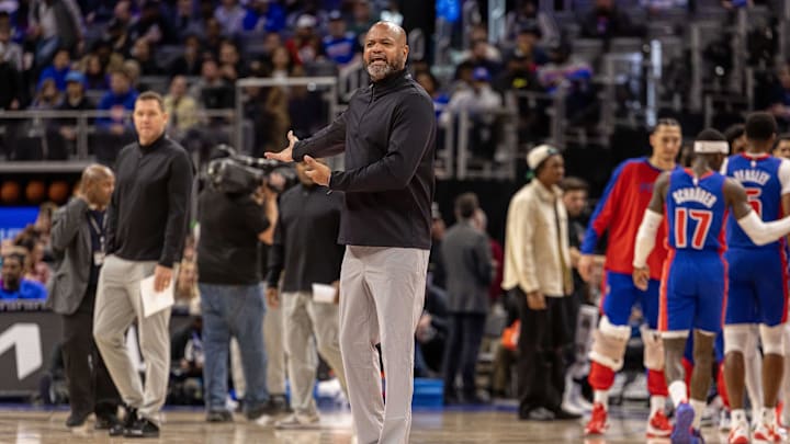 Mar 11, 2025; Detroit, Michigan, USA; Detroit Pistons head coach J.B. Bickerstaff complains to the ref on a missed foul on a play stoppage against the Washington Wizards during the first half at Little Caesars Arena. Mandatory Credit: David Reginek-Imagn Images