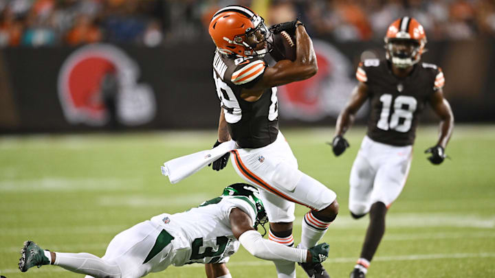 Aug 3, 2023; Canton, Ohio, USA; Cleveland Browns wide receiver Cedric Tillman (89) runs with the