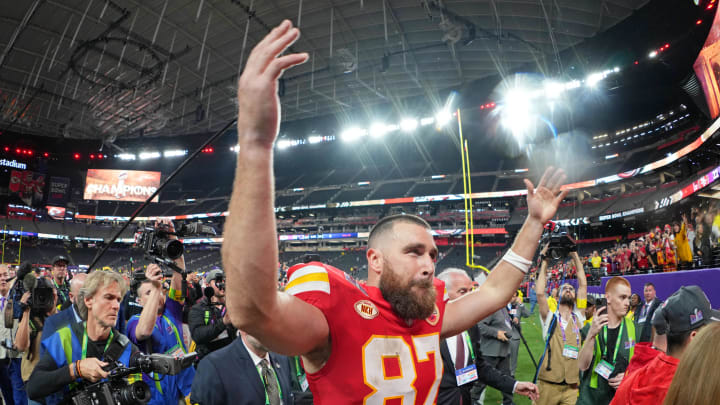 Feb 11, 2024; Paradise, Nevada, USA; Kansas City Chiefs tight end Travis Kelce (87) celebrates after winning Super Bowl LVIII against the San Francisco 49ers at Allegiant Stadium. Mandatory Credit: Kirby Lee-USA TODAY Sports
