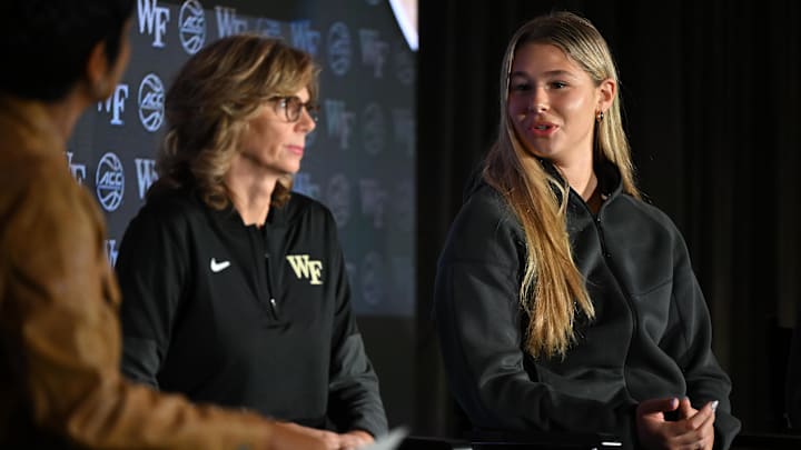 Oct 6, 2025; Charlotte, NC, USA; Wake Forest player Grace Oliver answers questions from the media at The Hilton Charlotte Uptown. Mandatory Credit: William Howard-Imagn Images Oct 6, 2025; Charlotte, NC, USA; Wake Forest player Grace Oliver answers questions from the media at The Hilton Charlotte Uptown. Mandatory Credit: William Howard-Imagn Images