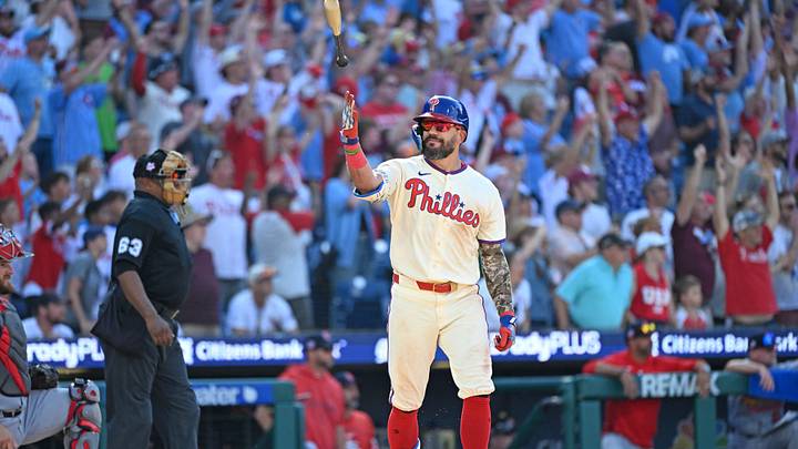 Aug 23, 2026; Philadelphia, Pennsylvania, USA; Philadelphia Phillies designated hitter Kyle Schwarber (12) flips his bat after hitting a walk-off home run during the ninth inning the St. Louis Cardinals at Citizens Bank Park. Mandatory Credit: Eric Hartline-Imagn Images Aug 23, 2026; Philadelphia, Pennsylvania, USA; Philadelphia Phillies designated hitter Kyle Schwarber (12) flips his bat after hitting a walk-off home run during the ninth inning the St. Louis Cardinals at Citizens Bank Park. Mandatory Credit: Eric Hartline-Imagn Images