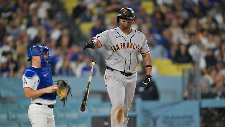 May 11, 2026; Los Angeles, California, USA; San Francisco Giants first baseman Rafael Devers (16) reacts after a walk in the seventh inning against the Los Angeles Dodgers at Dodger Stadium. Mandatory Credit: Jayne Kamin-Oncea-Imagn Images