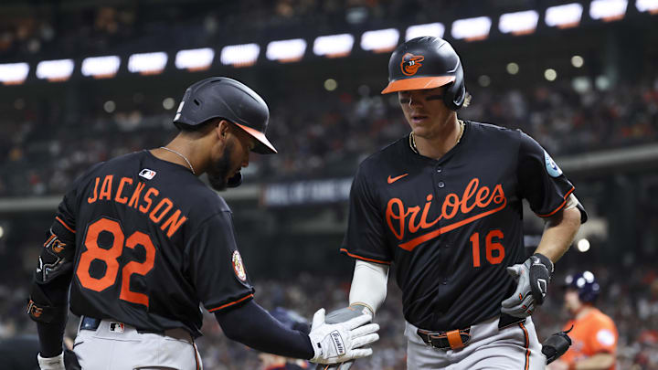 Aug 15, 2025; Houston, Texas, USA; Baltimore Orioles first baseman Coby Mayo (16) celebrates with right fielder Jeremiah Jackson (82) after hitting a home run during the fourth inning against the Houston Astros at Daikin Park. 