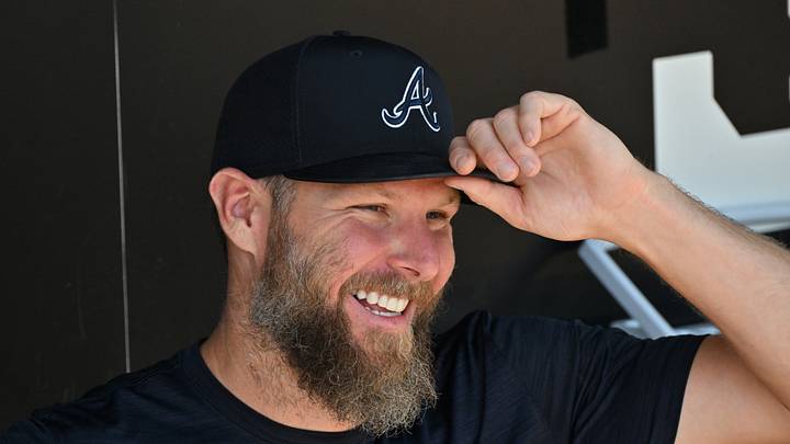 Aug 20, 2026; Chicago, Illinois, USA;  Atlanta Braves pitcher Chris Sale (51) smiles in the dugout prior to a game against the Chicago White Sox at Rate Field.  Mandatory Credit: Patrick Gorski-Imagn Images