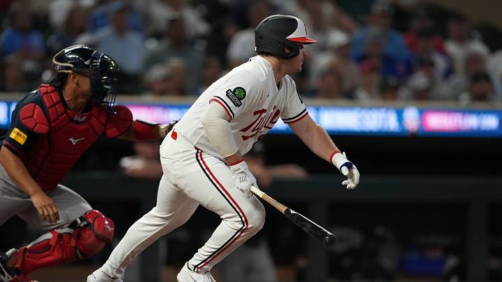 Aug 17, 2026; Minneapolis, Minnesota, USA; Minnesota Twins left fielder Alan Roden (18) hits a sacrifice bunt making it to first base on a throwing error during the eighth inning against the Atlanta Braves at Target Field. Mandatory Credit: Jordan Johnson-Imagn Images Aug 17, 2026; Minneapolis, Minnesota, USA; Minnesota Twins left fielder Alan Roden (18) hits a sacrifice bunt making it to first base on a throwing error during the eighth inning against the Atlanta Braves at Target Field. Mandatory Credit: Jordan Johnson-Imagn Images
